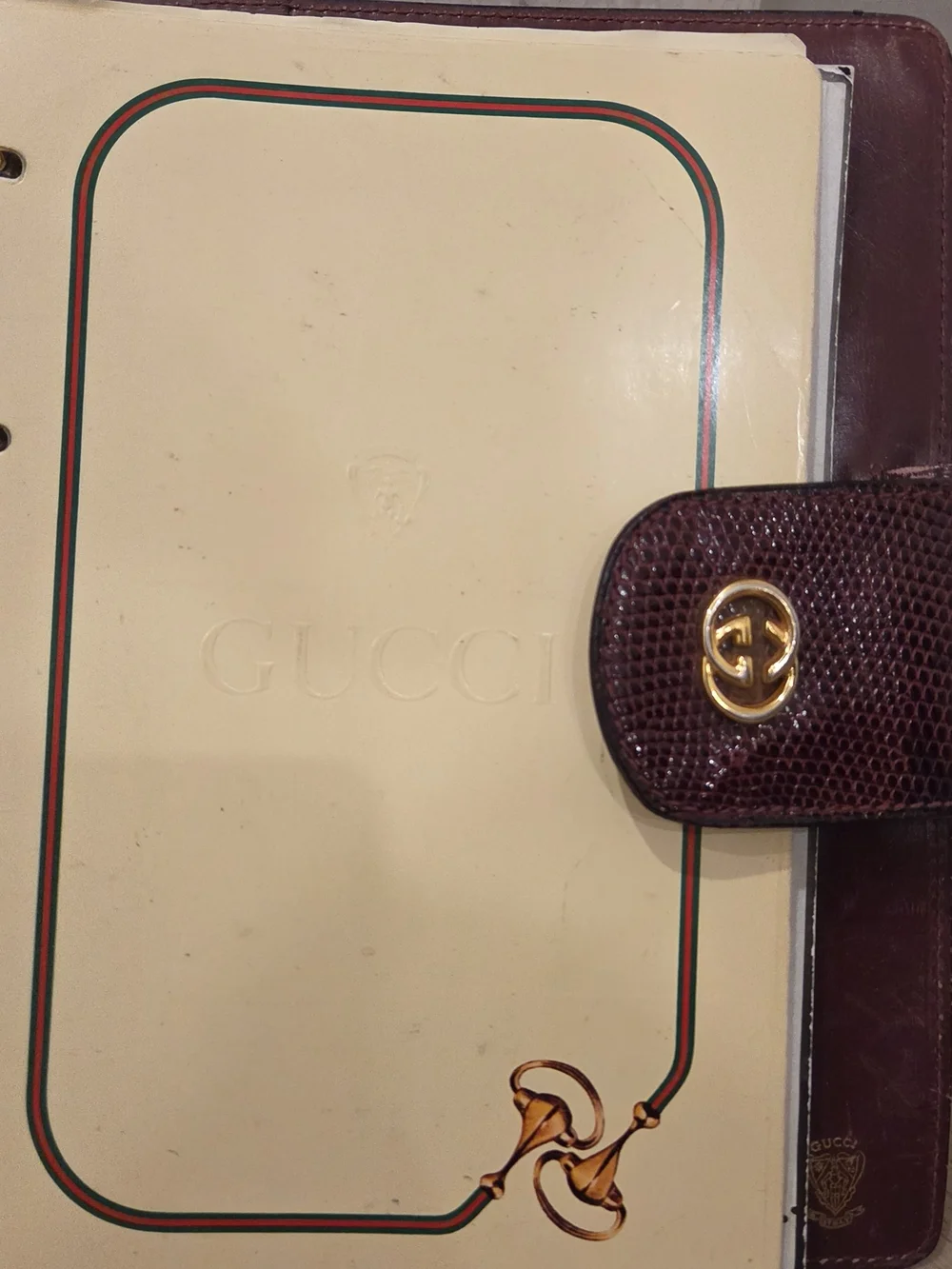 Vintage Gucci Burgundy Lizard-Embossed Leather Agenda Planner Cover With Gold